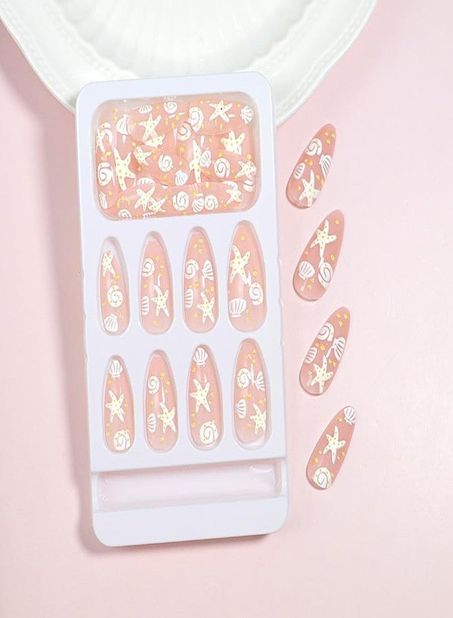 TOGZOM Summer Press on Nails Almond Beach Fake Nails 3D Ocean Acrylic Nails White Sea Shell Starfish Artificial Nails Medium Length False Nails Glue on Nails for Women Girls Manicure 24Pcs - Image 4